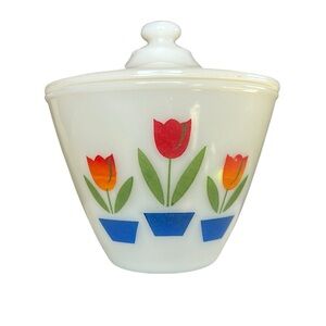 Vintage Anchor Hocking Tulip Grease Jar Canister Milk Glass MCM